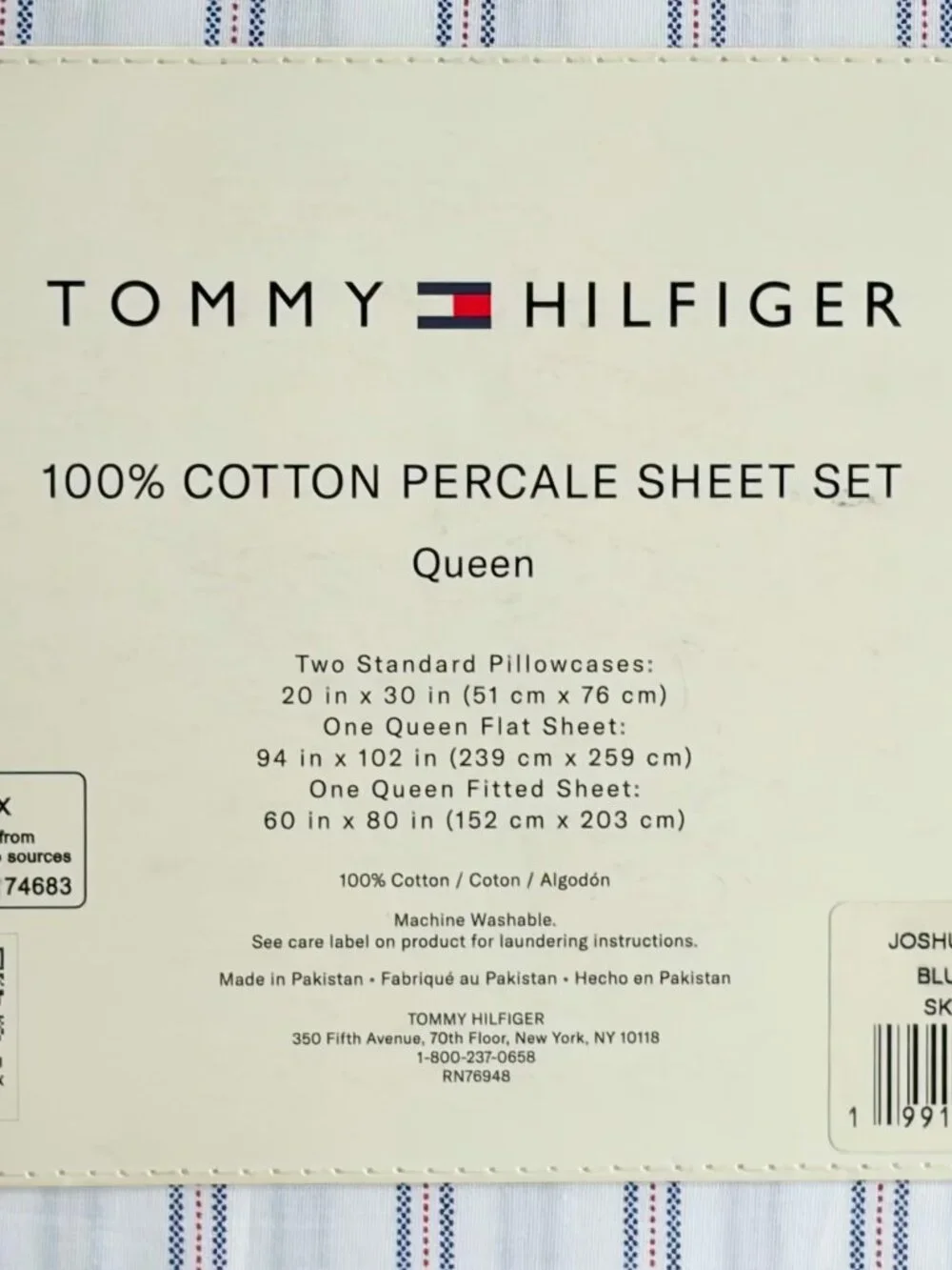 Tommy Hilfiger Queen Size Cotton Percale Sheet Set Joshua Tree Stripe Red Blue
